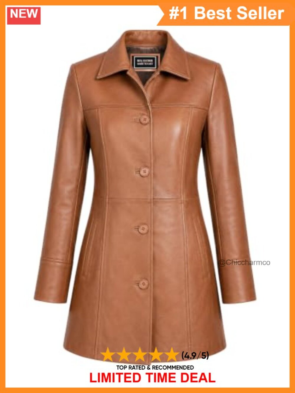Genuine Leather Car Coat Button Front Spread Collar Overcoat